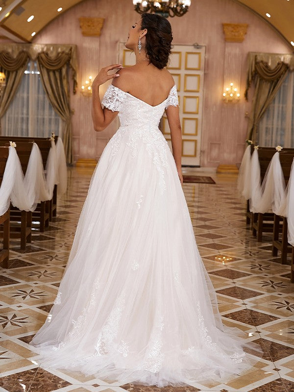 Wholesale A-Line/Princess Lace Applique Off-the-Shoulder Short Sleeves Sweep/Brush Train Wedding Dresses